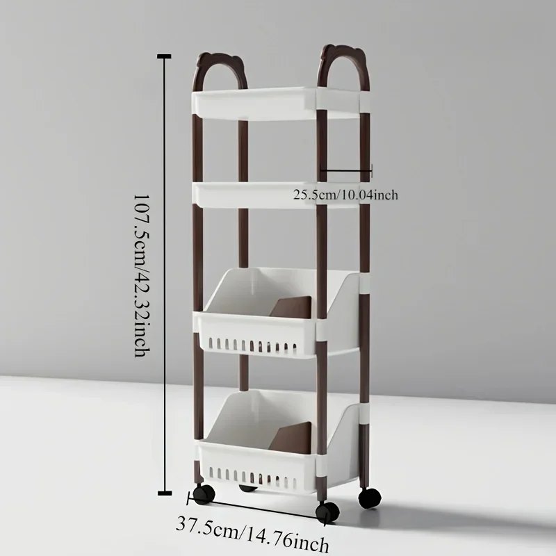 Home storage rack, four - layer storage rack with wheels, which can hold snacks, beverages, kitchen food and so on.