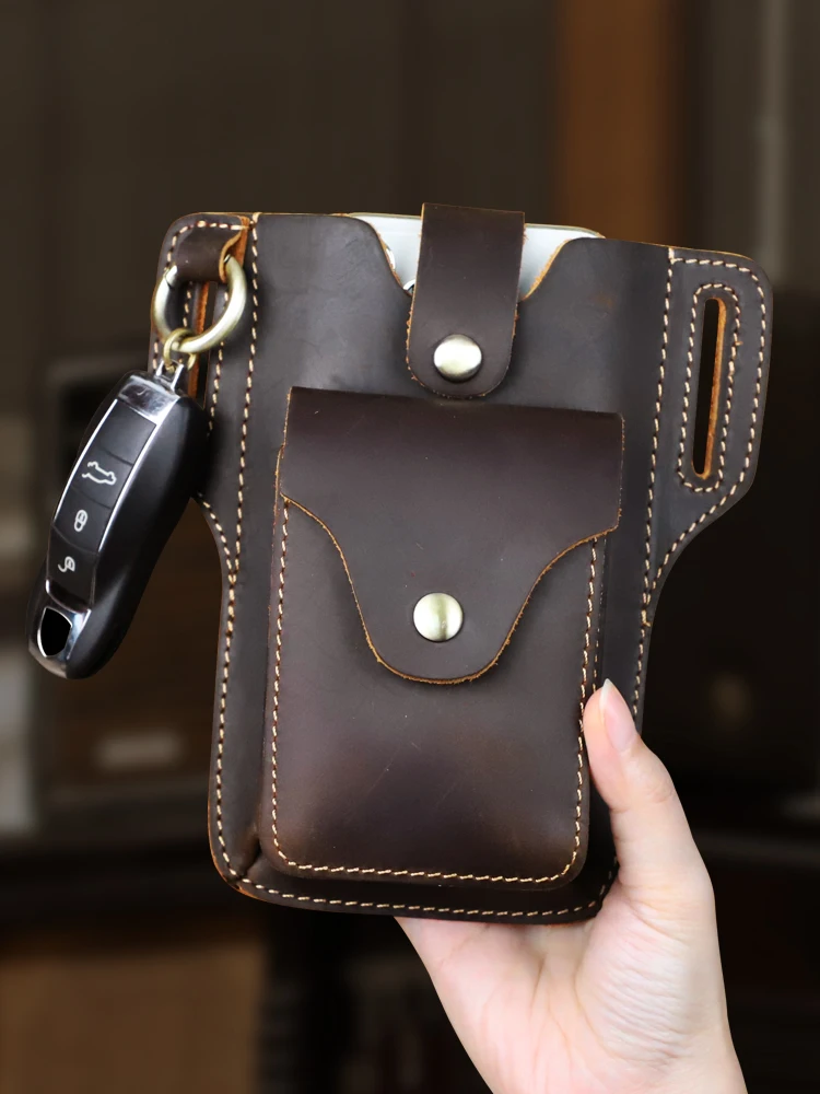 

Vintage Crazy Horse Leather Waist Belt Bag Fit For 6.7 In Phone Carrying Cigarette Case Outdoor Bag Storage Pouch