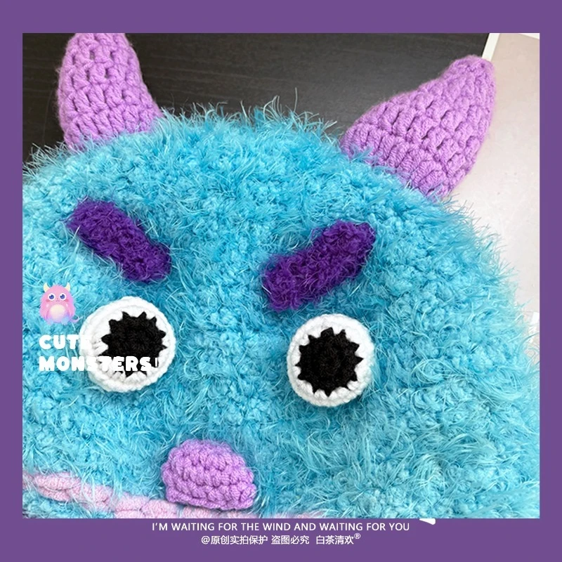 Niche-gorro tejido con pequeño monstruo para mujer, gorros de felpa cálidos con protección para los oídos, gorros de bombardero de tendencia, otoño e invierno