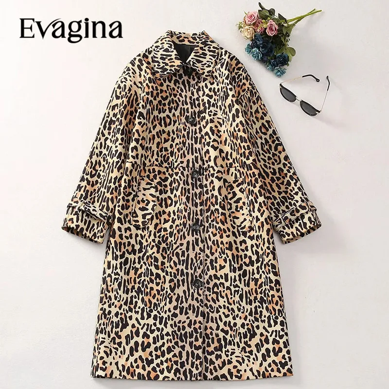 

Evagina New Fashion Runway Designer Women's Lapel Long Sleeved Leopard Print Single Breasted Stylish Trench Coat For