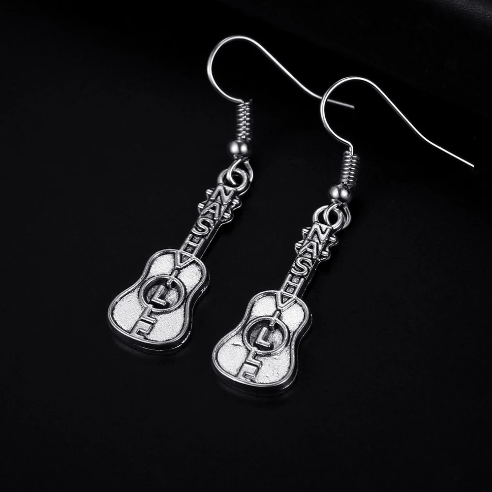 Trendy Vintage Guitar Shape Antique Silver Plated Punk Hiphop Rock Style Retro Drop Earrings for Women Girl & Man Party Jewelry