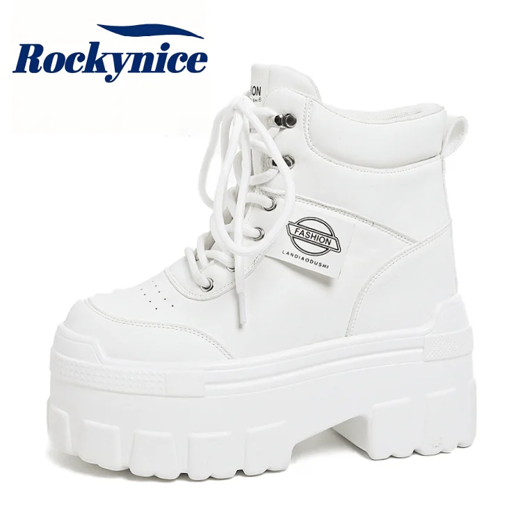 Botines de mujer para otoño, zapatos de cuero con suela gruesa, zapatillas deportivas transpirables con plataforma alta, suela gruesa de 10 cm, botas de cuña, botas para motociclistas.