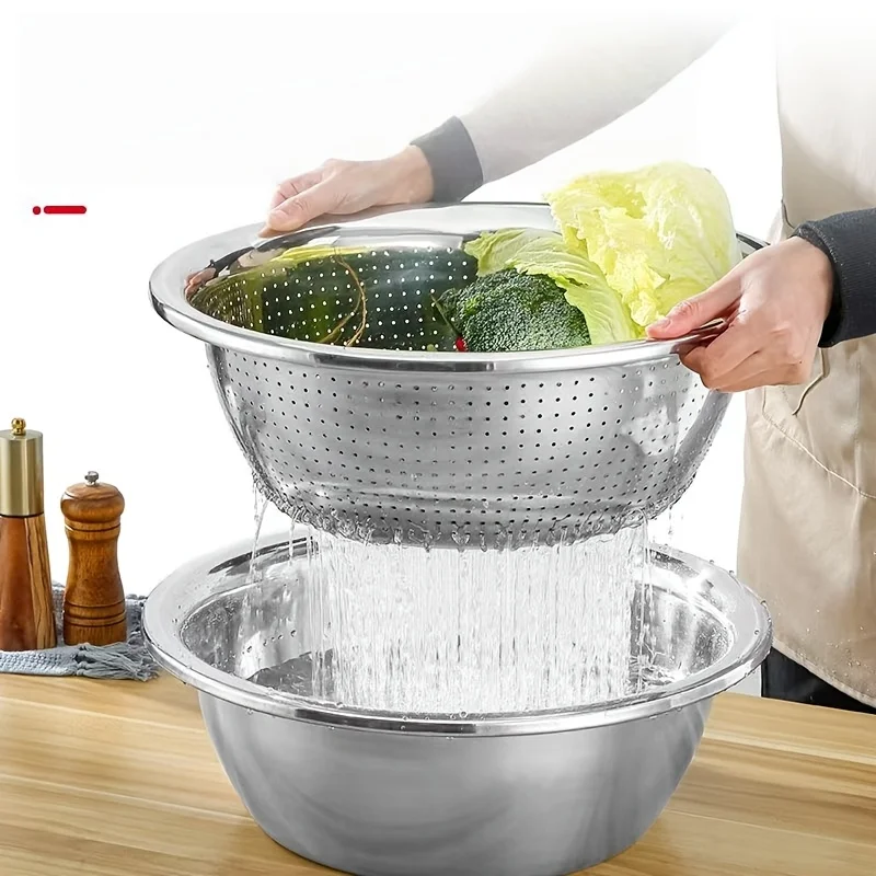 11.81-Inch Stainless Steel Basin, Large Capacity Stainless Steel Strainer Basin, Small-Hole Rice Washing Basin, Thickened Vegetable Washing Basin, Household Kitchen Draining Basin, Multi-Purpose Seasoning Basin, Multi-Purpose Basin