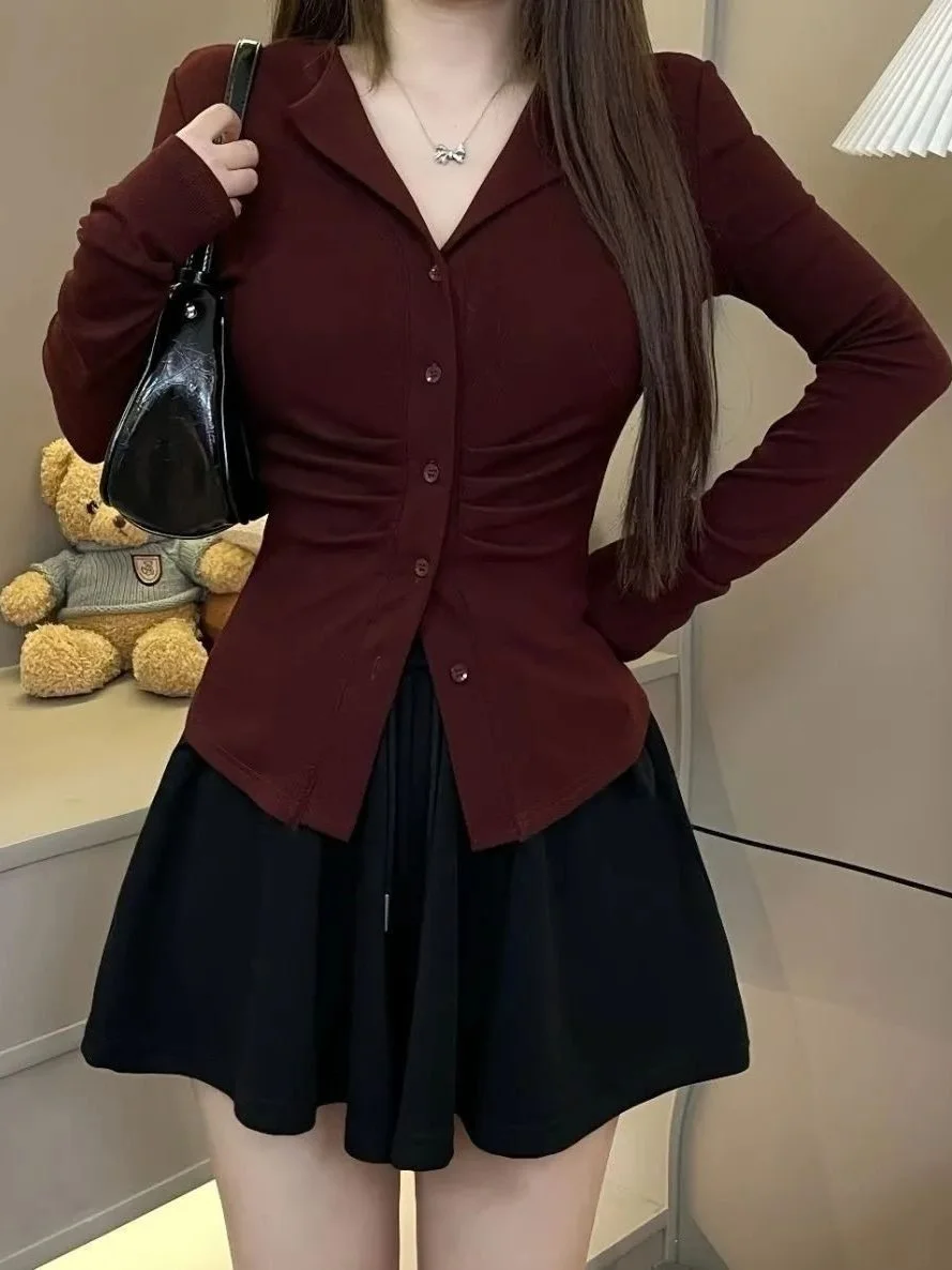 

Early Autumn New Style V-Neck Long Sleeve Pleated Slim Fit Shirt Women's Outerwear Long Sleeve T-Shirt Commute Fashion Korean...