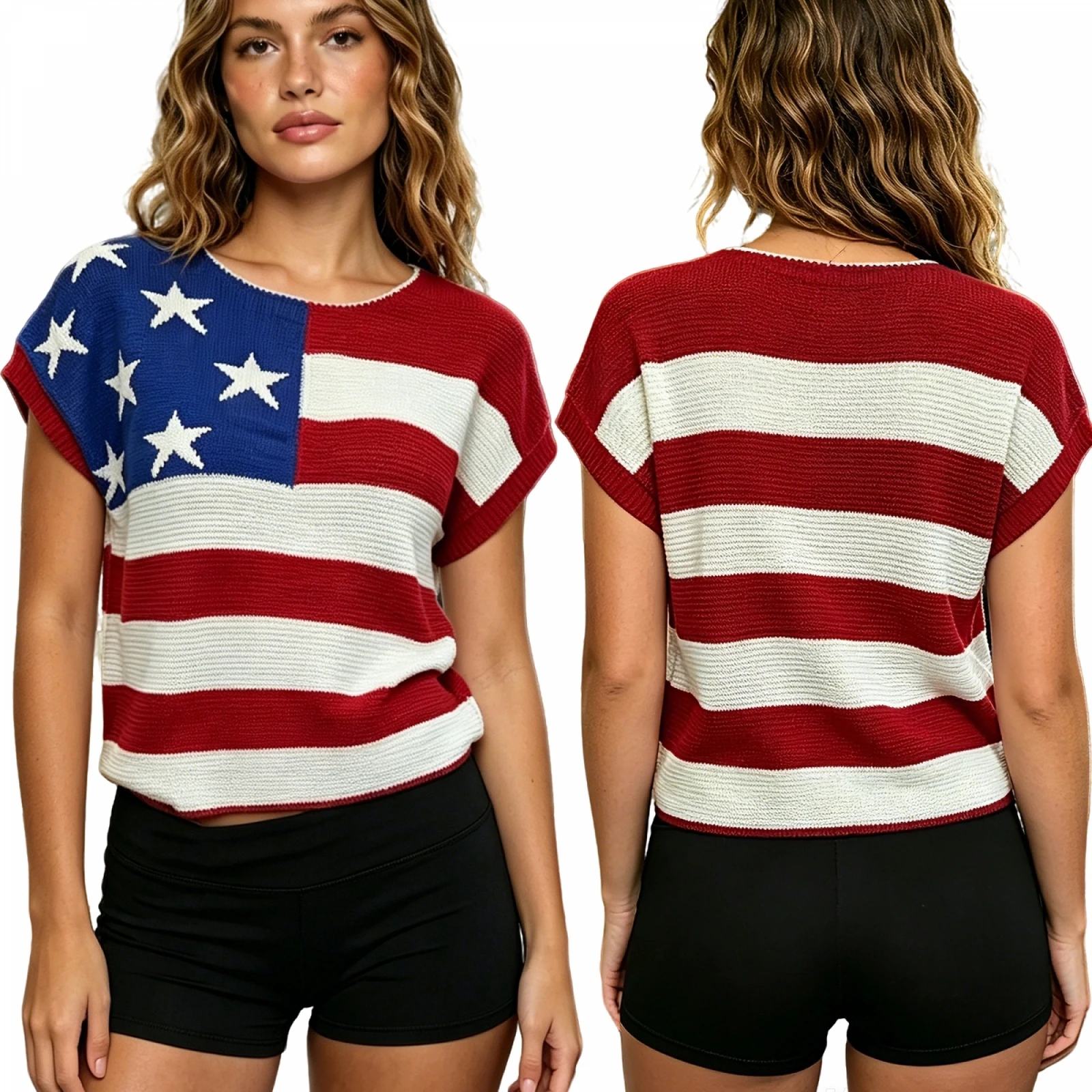 

Women Patriotic Sweater Star Stripe Pattern Crew Neck Short Sleeve Pullovers Summer Lightweight Knit Tops