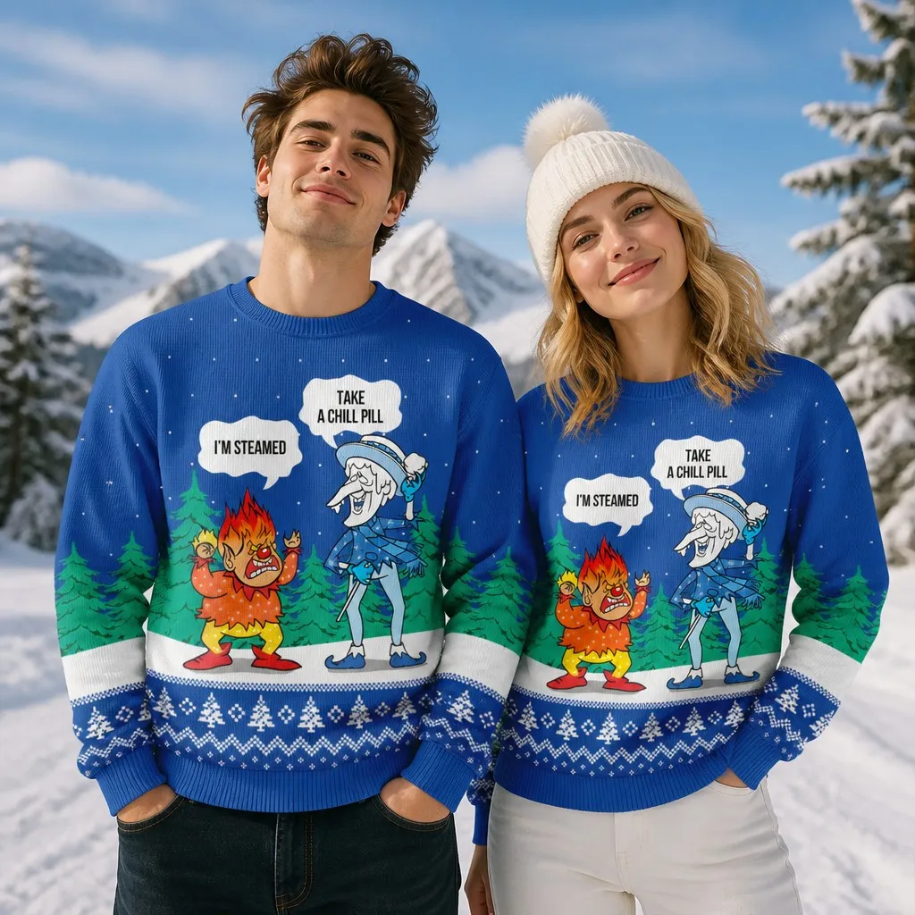 Men Women Parent Child Winter Cartoon Crew Neck Sweater Graphic Print Casual Long Sleeve Pullover For Snow Holiday Wear