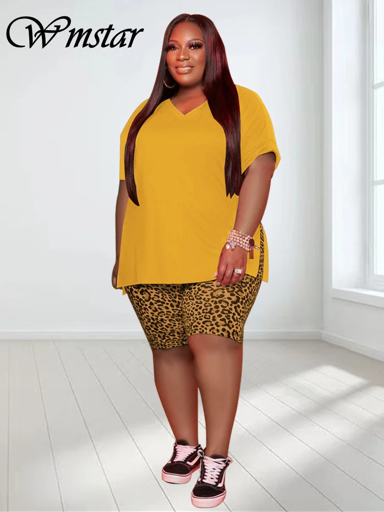 Wmstar Plus Size Women Clothing Loose Top Leopard Shorts Matching Set Casual 2 Piece Outfits New Summer Wholesale Dropshipping