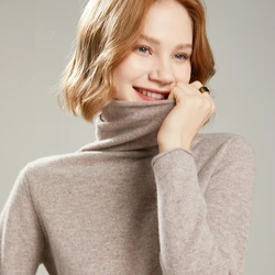 Pull en cachemire à col roulé pour femme, 100% laine mérinos, pull en tricot, manches longues, vêtements minces, automne, hiver