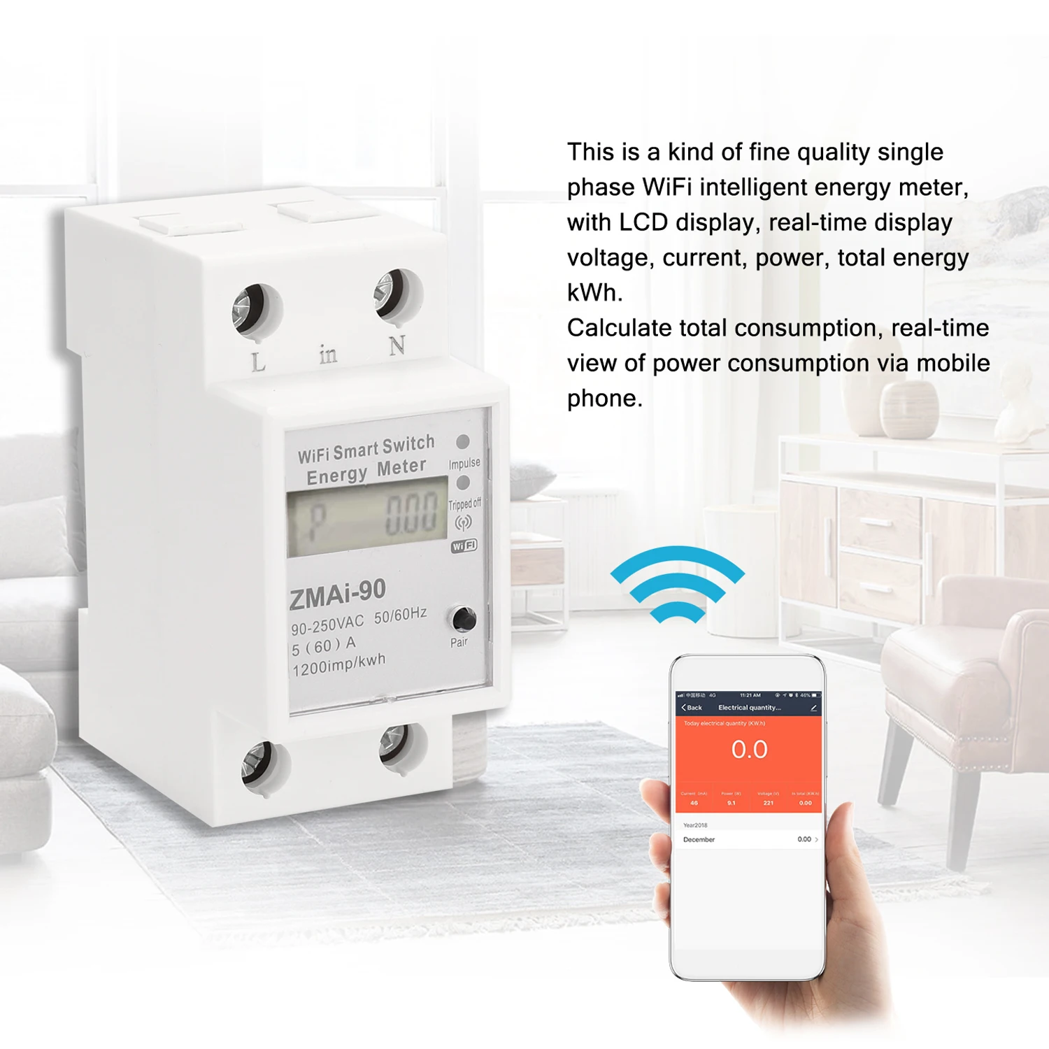 Single-Phase Din Rail Wifi Intelligent Energy Meter Power Consumption Kwh Meter Wattmeter Support Smartlife/Tuya App