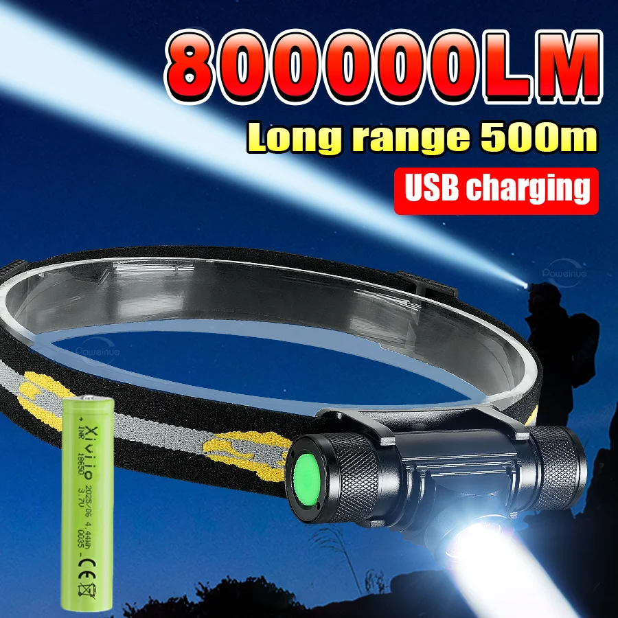 

Суперяркий светодиодный налобный фонарь 80000 лм, мощный, на аккумуляторе 18650, USB-перезаряжаемый, тактический, для работы на улице, кемпинга, прожектор