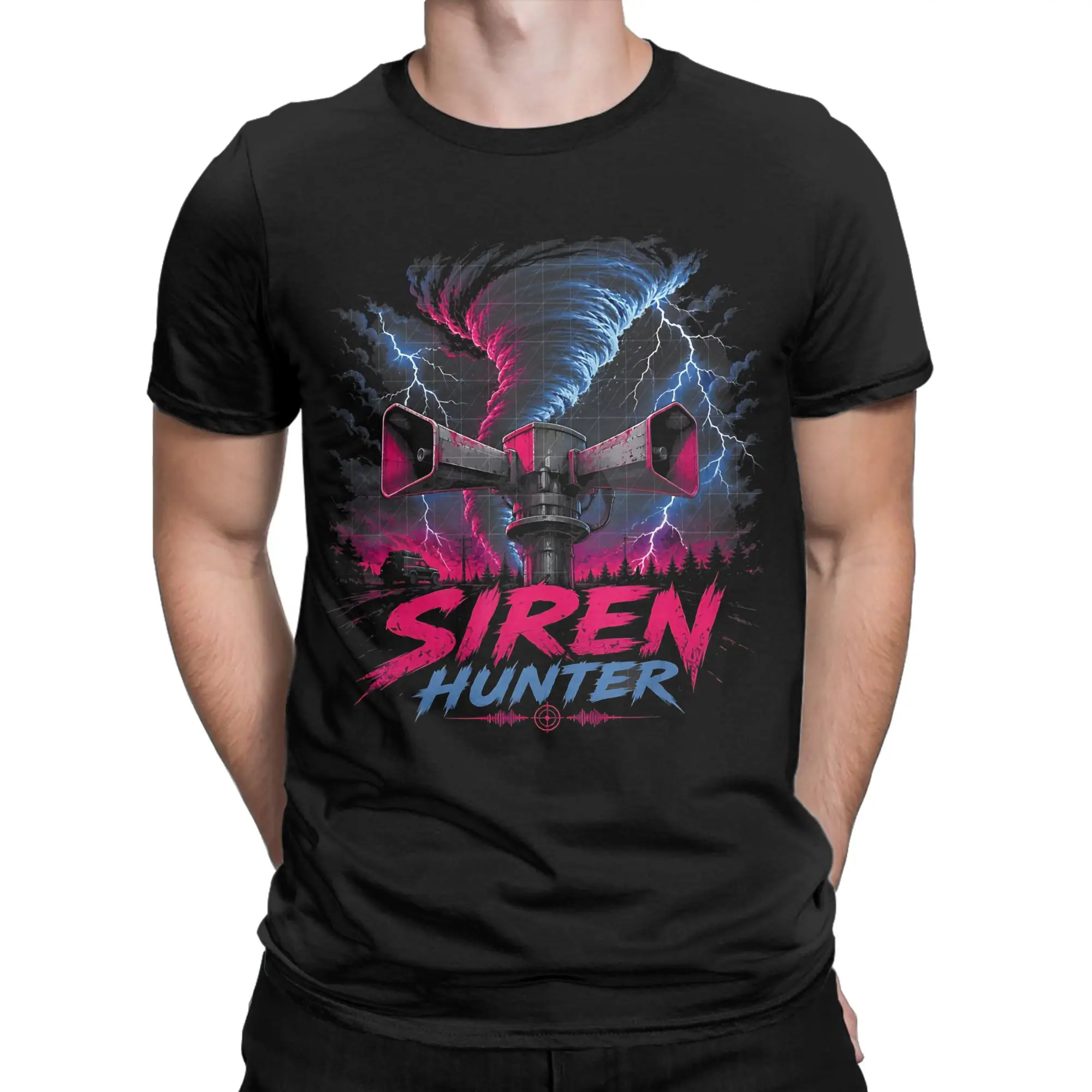 Siren Hunter Tornado Chaser Bold Synthwave Funny Graphic 100% Cotton T-Shirt Siren Head Tees Tops For Men