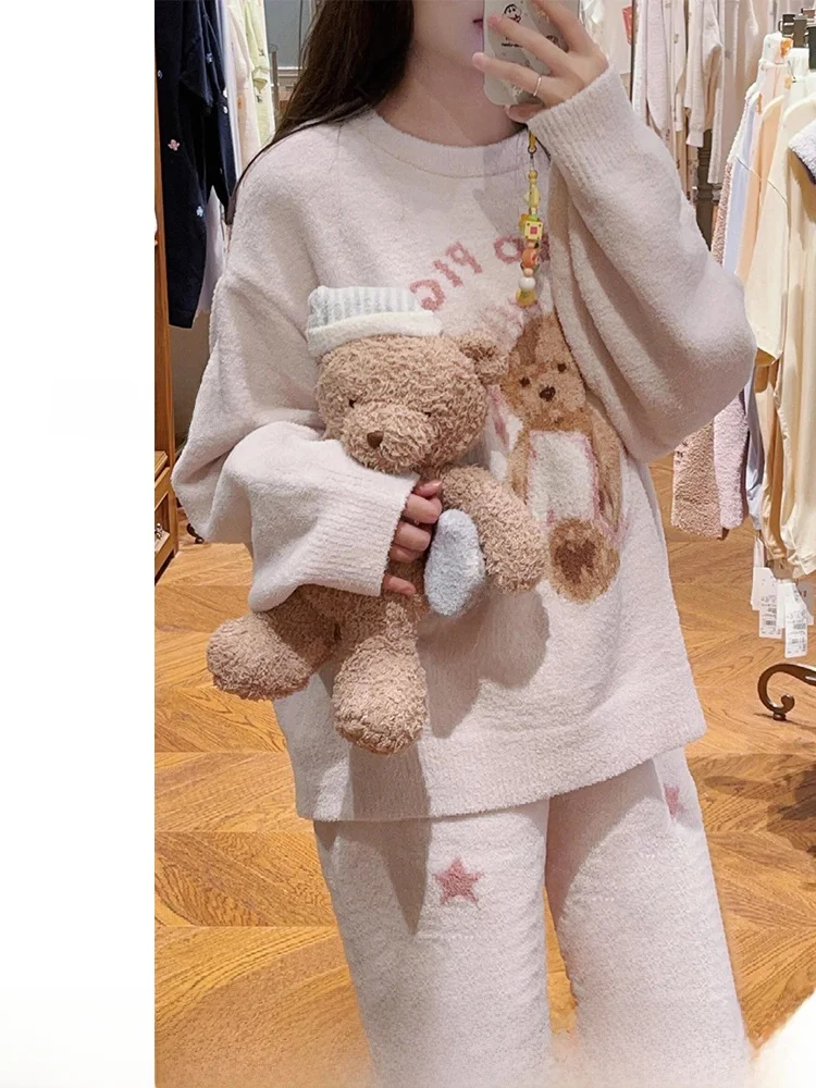 

Cute Bear f-Fce Spwear Knitted Thiened Autumn Winter Home Clothes Set for Women Sweet Sle Long Sve round Ne