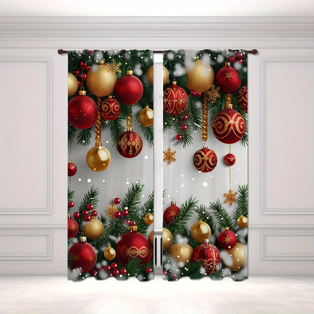 2 Pieces Christmas Deer Bell Pine Branch Patterns Curtains Rod Pocket Mount Digital Printed Polyester for Living Room Kitchen