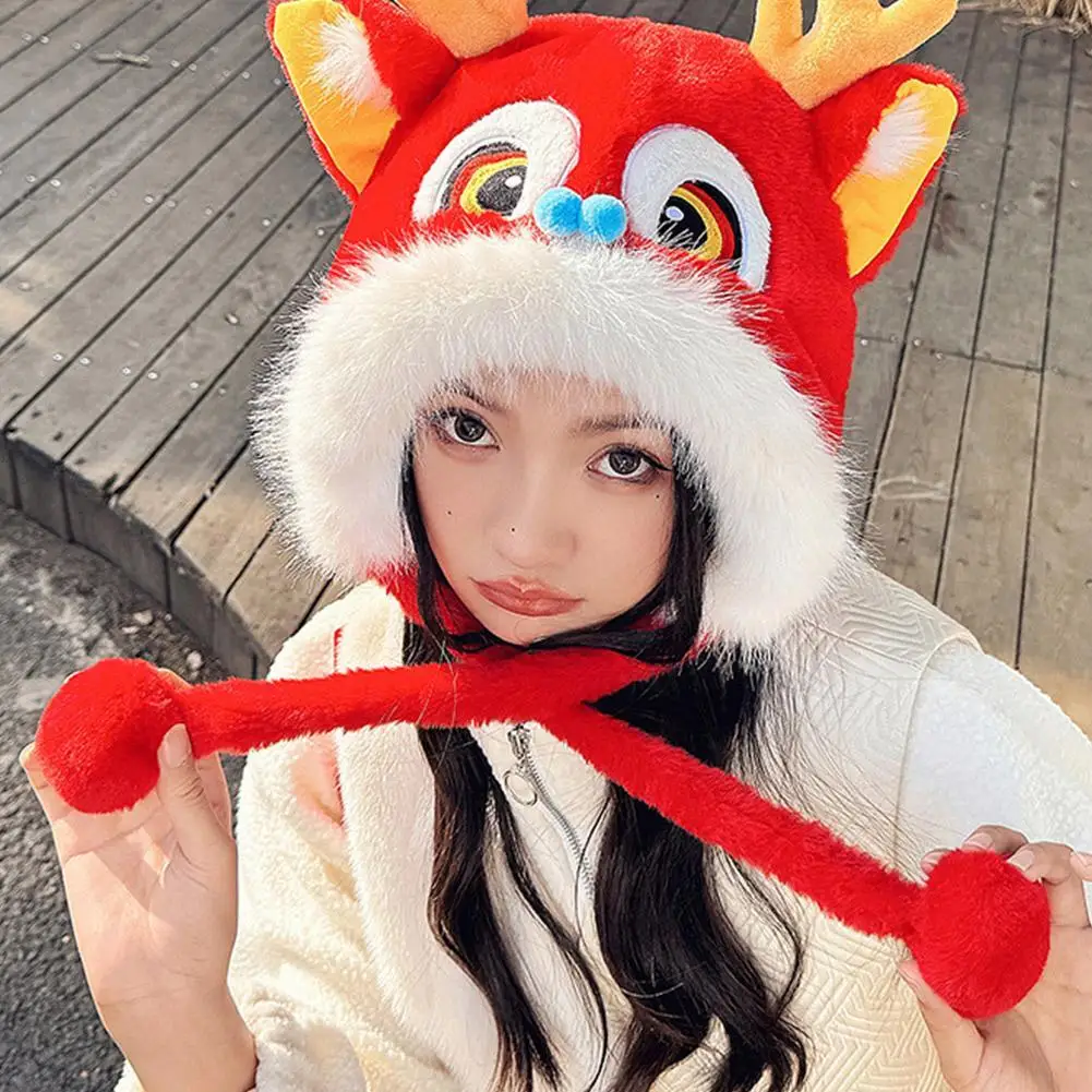 Lovely Ear Muffs Lion Dance Beanies Hat Lace Up Thickened Chinese Scarf Style Warm Winter Hat Plush Cap Year New Pullover Hat