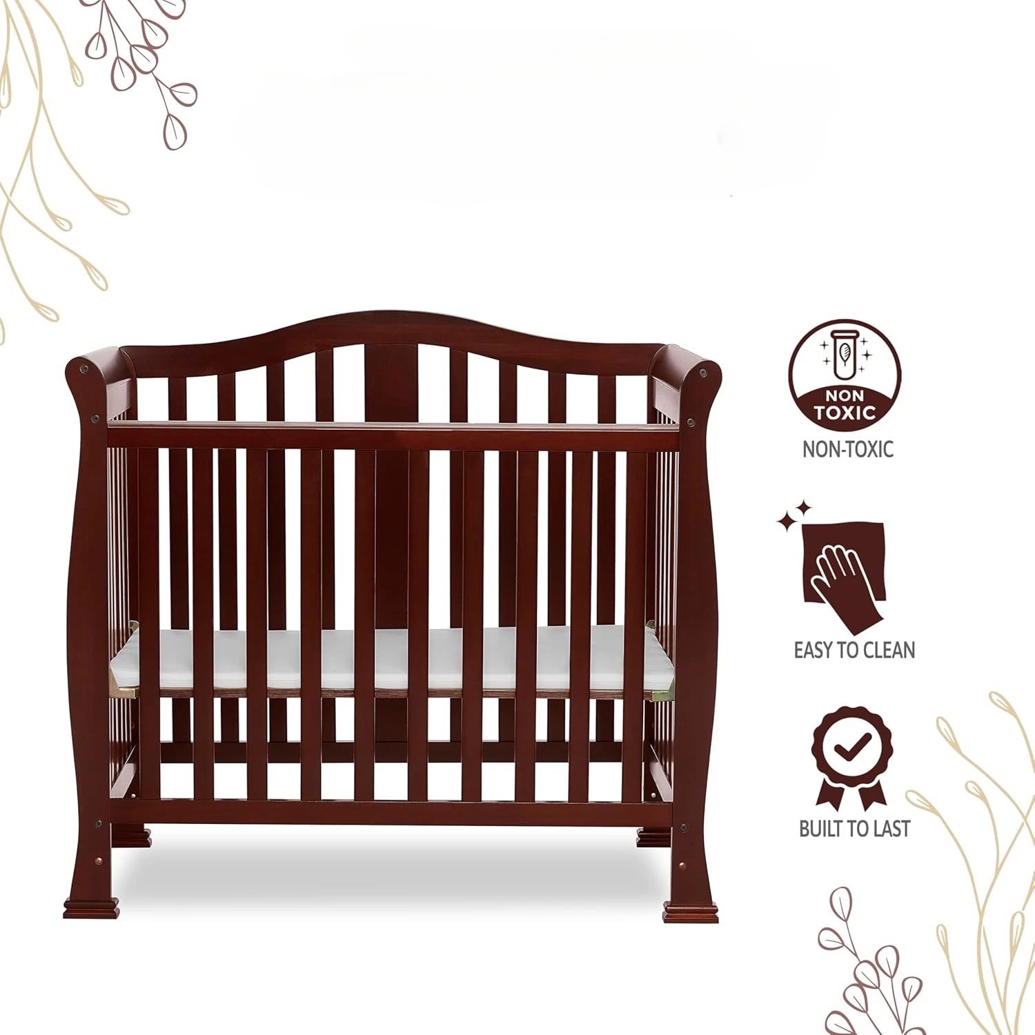 Convertible Mini Crib in Espresso, Non-Toxic Finishes, Built of New Zealand Pinewood, Comes with 1” Mattress Pad