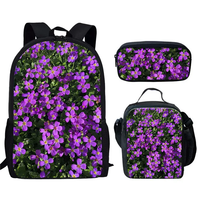 Trendy Youthful  Beautiful Purple Lilac 3D Print 3pcs/Set Student Travel bags Laptop Daypack Backpack Lunch Bag Pencil Case