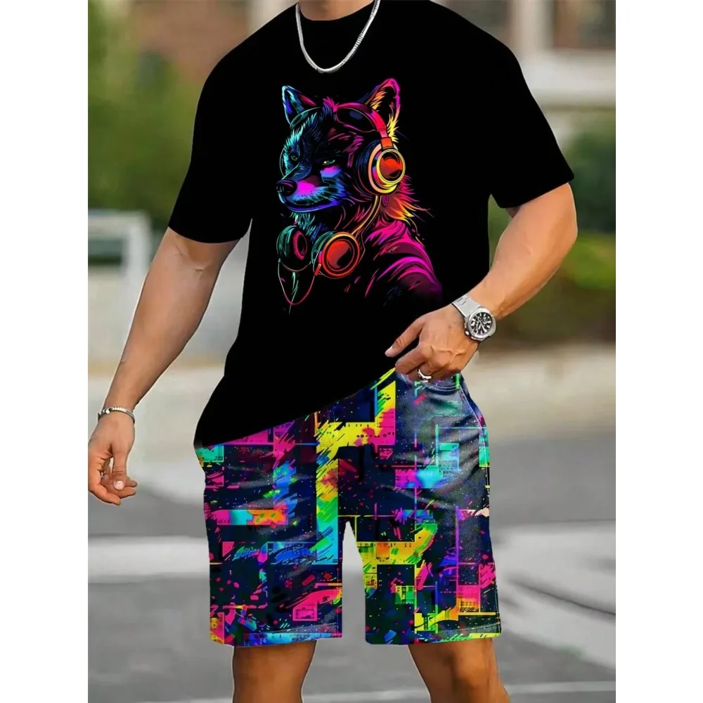 カラーグラフィプリントTシャツショーツ2点セット　トレンドストリートメンズ服　2025夏　プラスサイズゆったりメンズ半袖Tシャツ