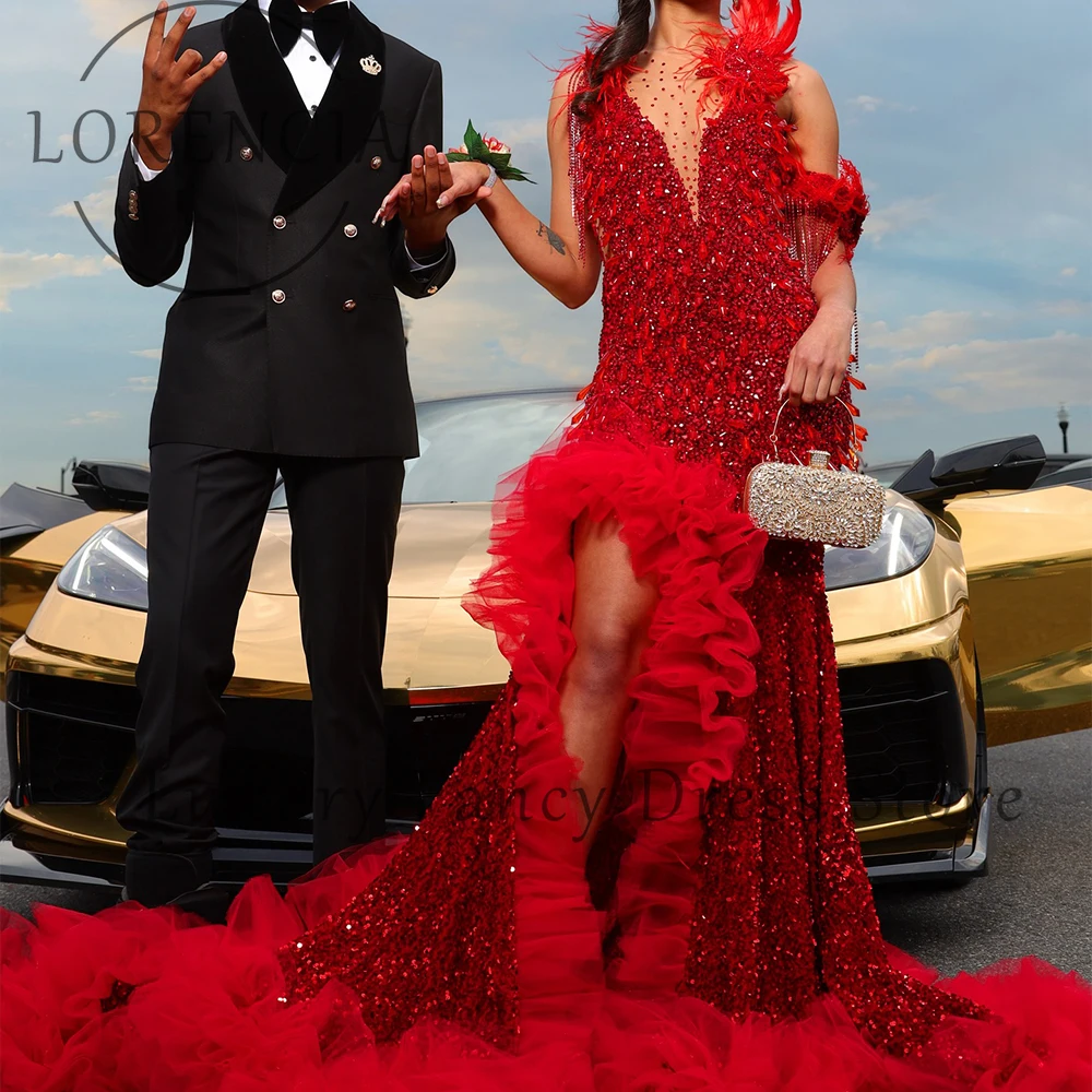 فاخر كريستال الحلي فساتين لحضور الحفلات الموسيقية تول الطيات حورية البحر رداء حفلات الزفاف مخصص الجانب الشق vestidos de cerimônia