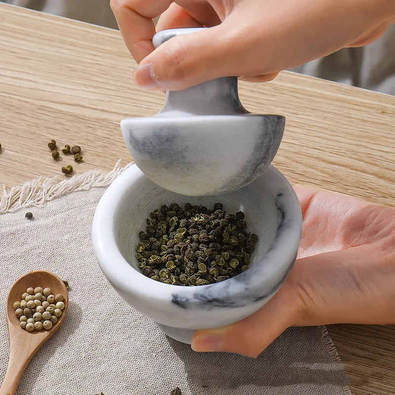 4 Inch Marble Mortar and Mushroom Pestle Stone Grinder Garlic Crusher Spice Mills Grinder for Kitchen Fine Grind Cooking Tools
