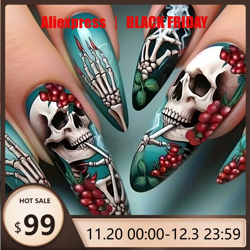 

24pcs/1box Fake Nails Almond Halloween Style Spooky Blue Stygian Bones Skulls Pressable Nails Suitable for girls and girls