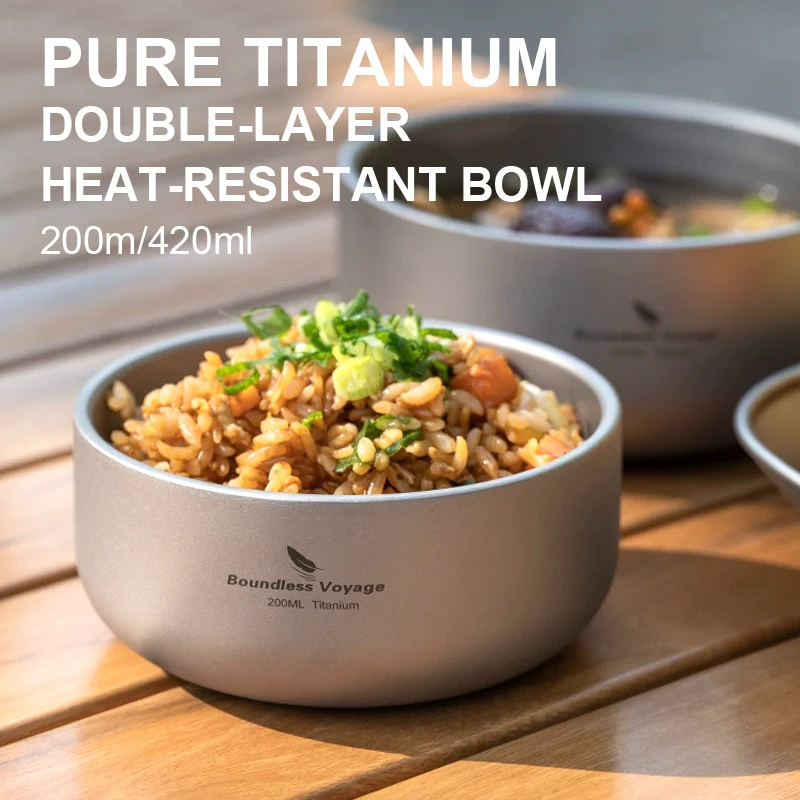 Pure Titanium Double-Layer Heat-Resistant Bowl,Ultra Light Portable Health,Outdoor Camping, Picnic Tableware,Salad Bowl,A1407