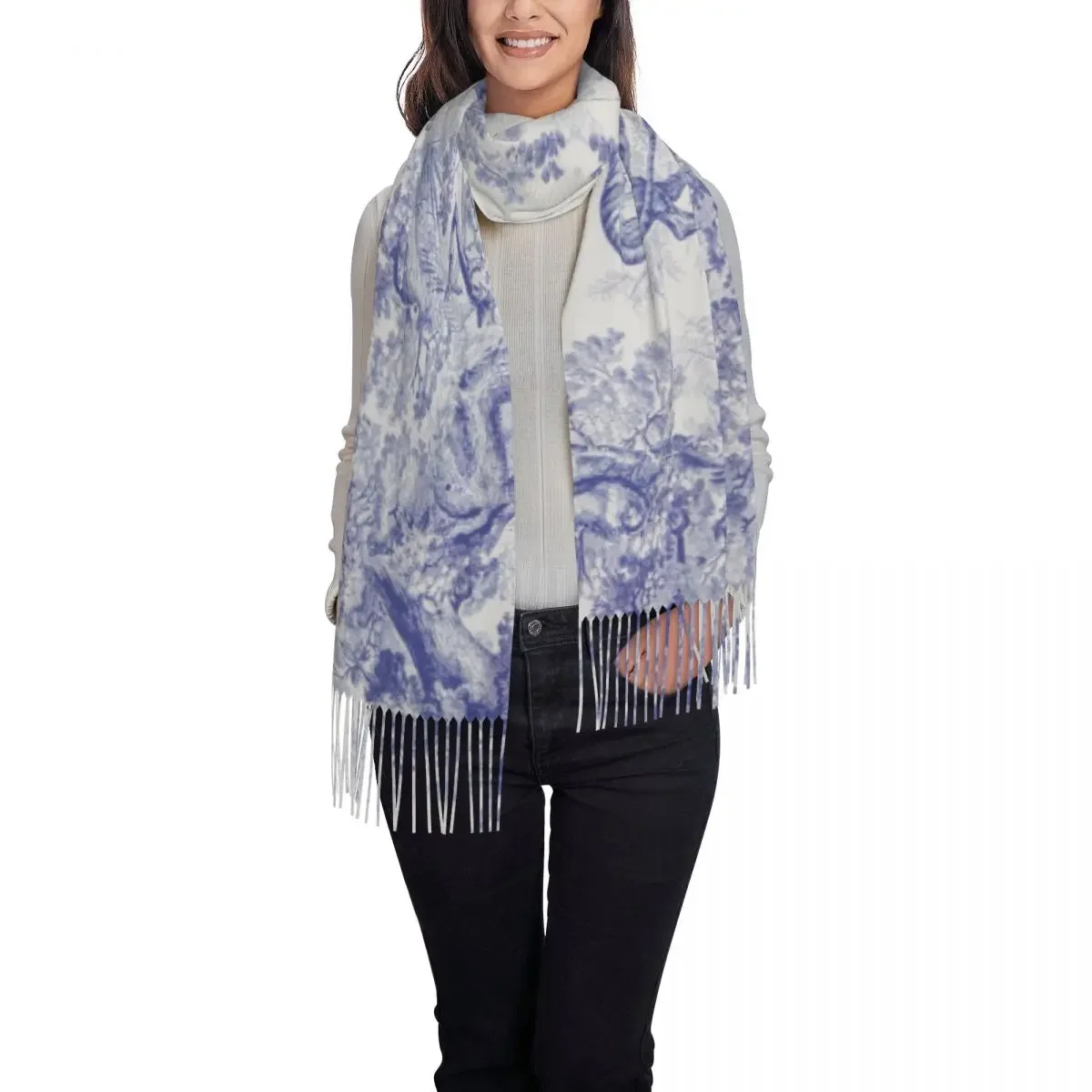 French Toile De Jouy Navy Blue Motif Pattern Scarf Wrap Women Long Winter Tassel Shawl Unisex Animal Forest Floral Art Scarves