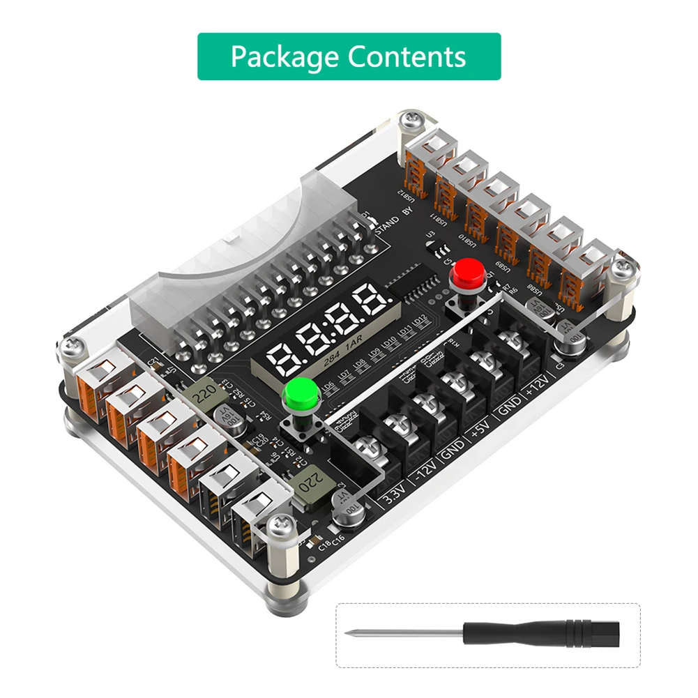 

12-Port USB 3A 3.3V 5V 12V -12V Output 24Pin ATX Power Supply Breakout Board with Acrylic Case Kit Power Module for Computer PC