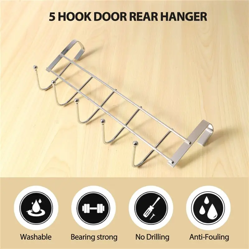 A68P-Over The Door 5 Hooks Home Bathroom Organizer Rack Clothes Coat Hat Towel Hanger Stainless Steel Good Load-Bearing view 6