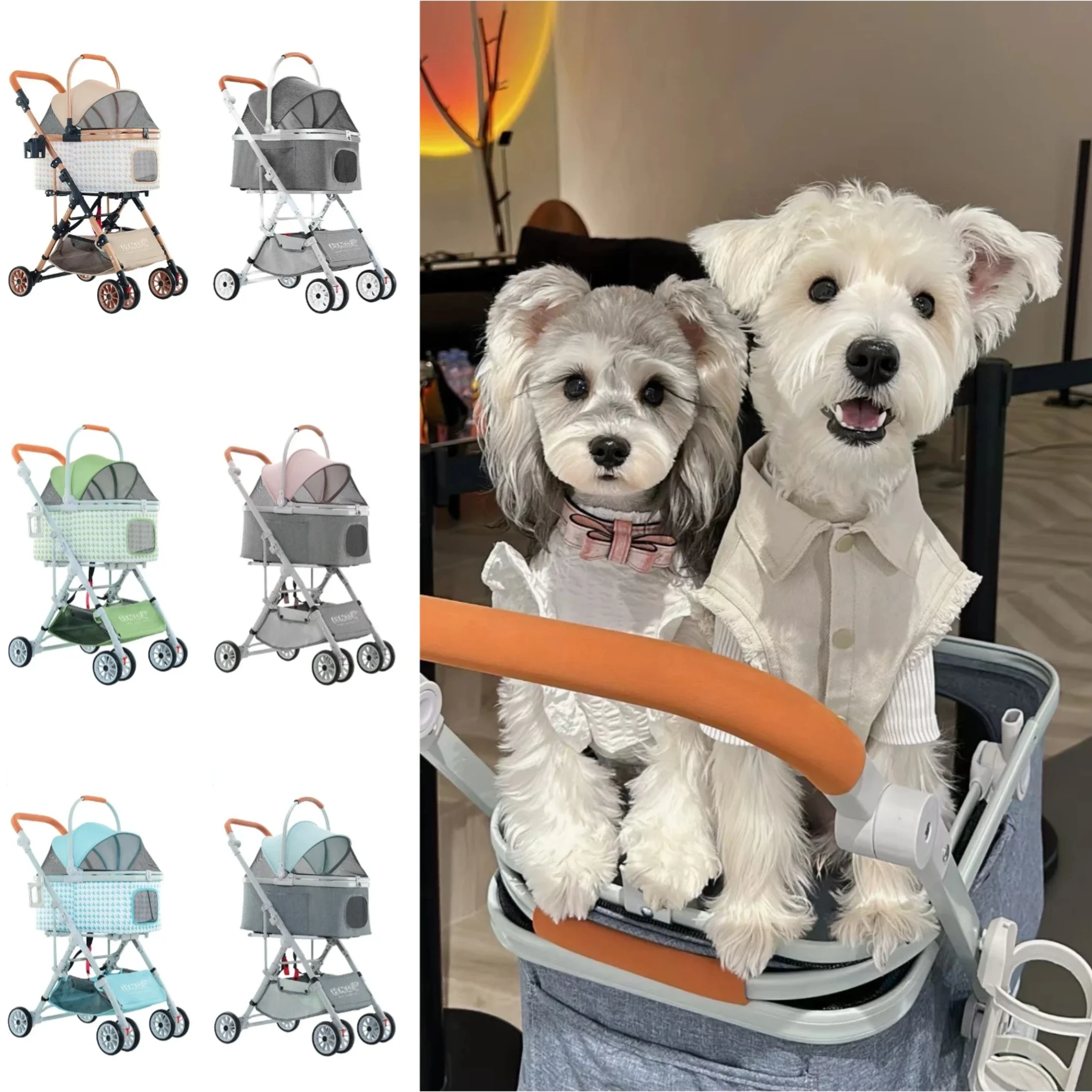 Foldable Pet Stroller, Grid Dog Buggy Cart with Detachable Basket Cup Holder Pet Travel Outdoor Carriers&Strollers for Dogs Cats