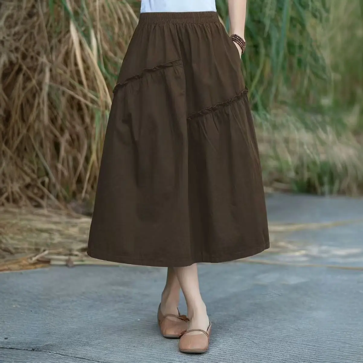 

Women Fashion Autumn Long Skirts Elegant Office Saia Jupes Pockets Solid Casual Loose Elastic High Waist Bottoms Midi Faldas