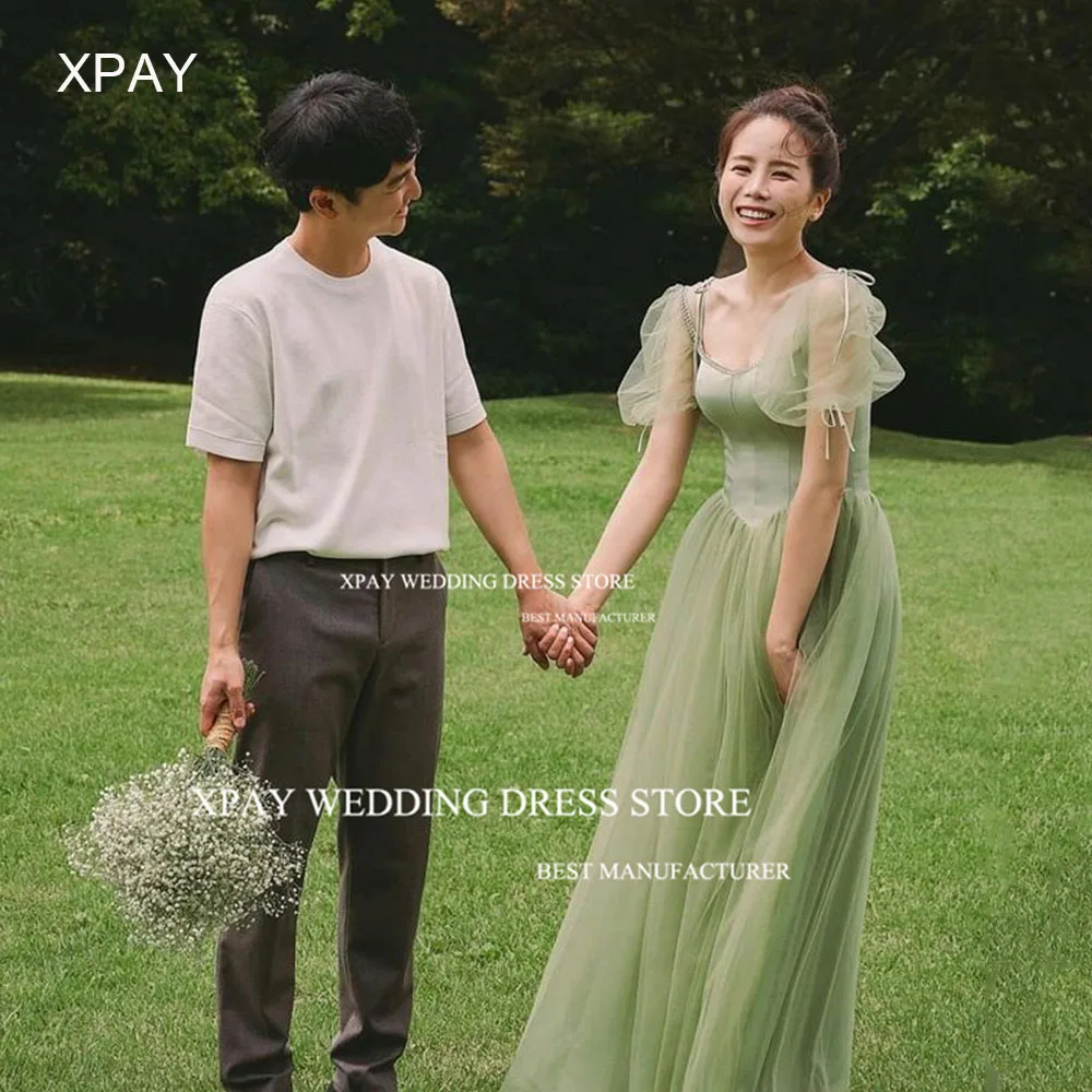 

XPAY Princess Sage Green Korea Evening Dresses Sweetheart Wedding Photo Shoot Prom Gown Short Sleeve Draped Outfit Playing Dress