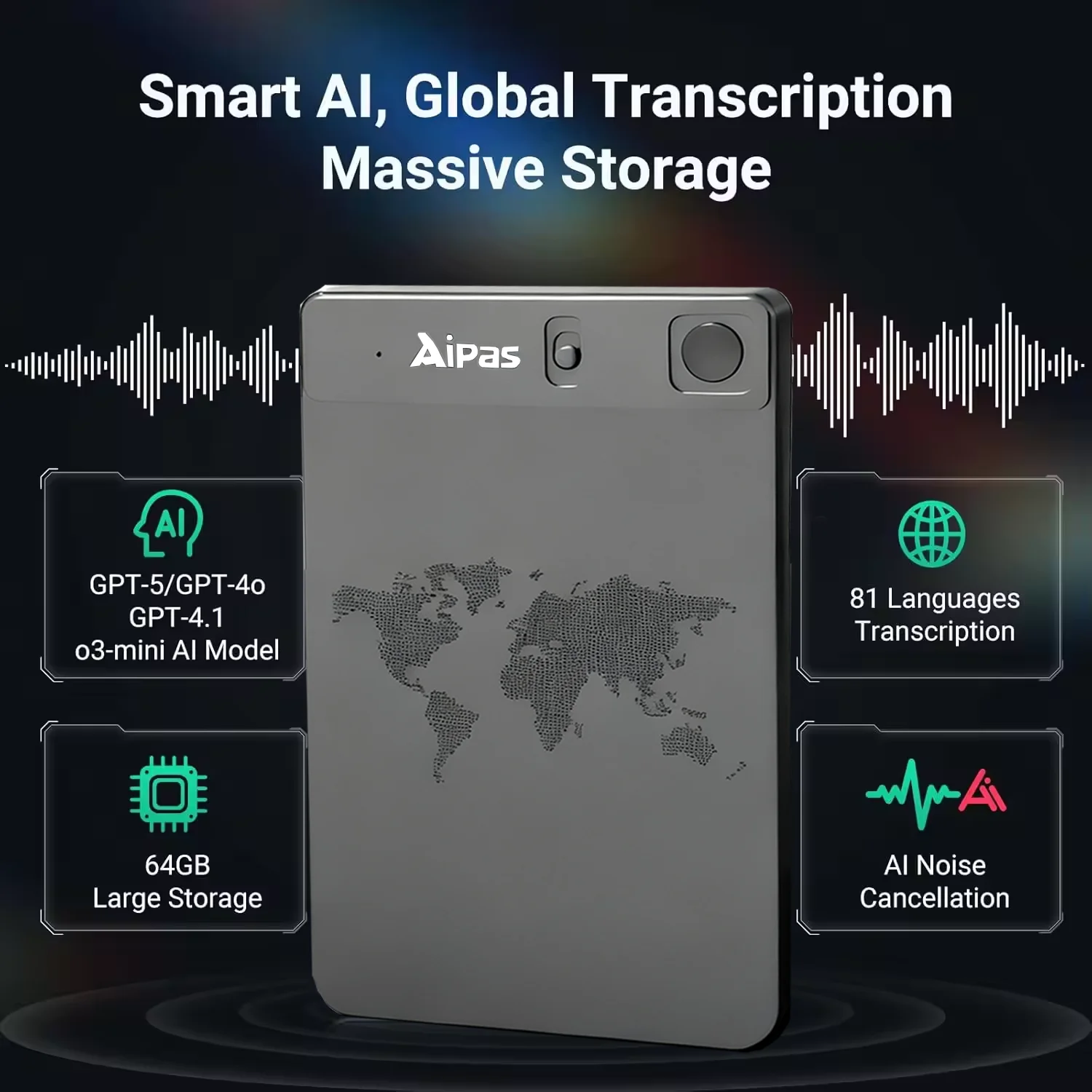 신형 장거리 녹음기 64GB 6000시간 녹음 시간 듀얼 마이크 소음 감소 인터뷰, AI 번역 및 자막 제작