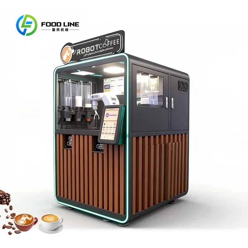 Customized Vintage Wood Slat Robotic Coffee Vending Kiosk, Full Automatic Fresh Grind Espresso Latte Machine