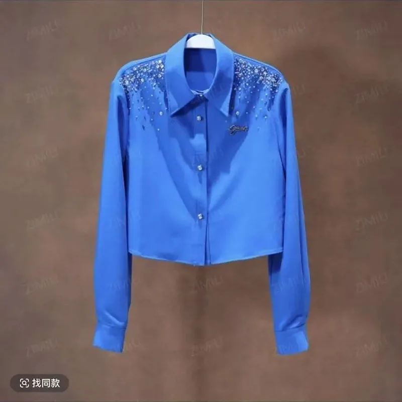 

Blue Spring Chiffon Blouse Women Polo Collar Long Sleeve Thin Elegant Beading Shirt Single Breasted Tops High end