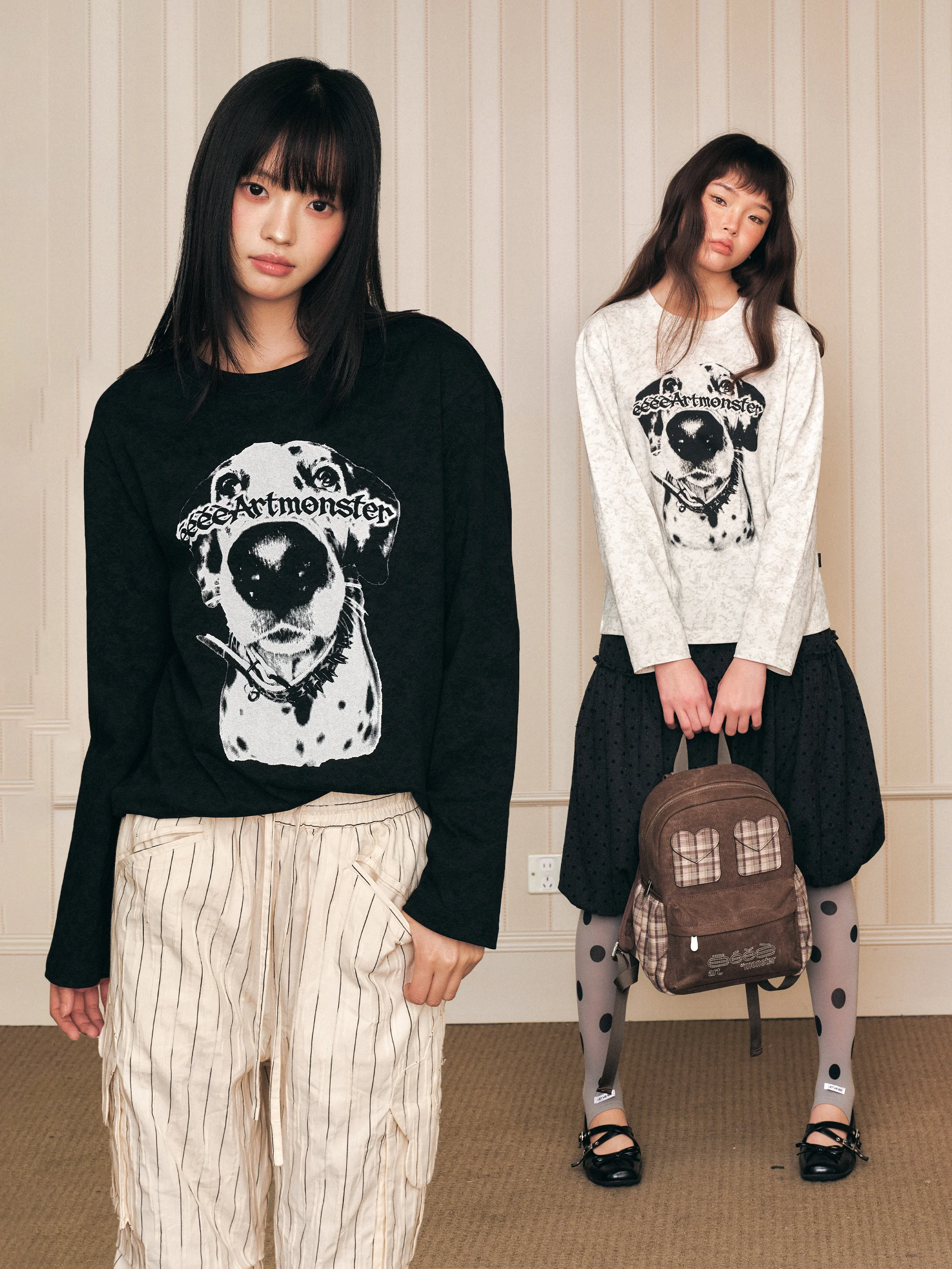 American Retro Spotted Dog Print Long Sleeve T-Shirt Design Sense Snowflake Dyeing Base Shirt Standard Fit Printed Regular Sl...