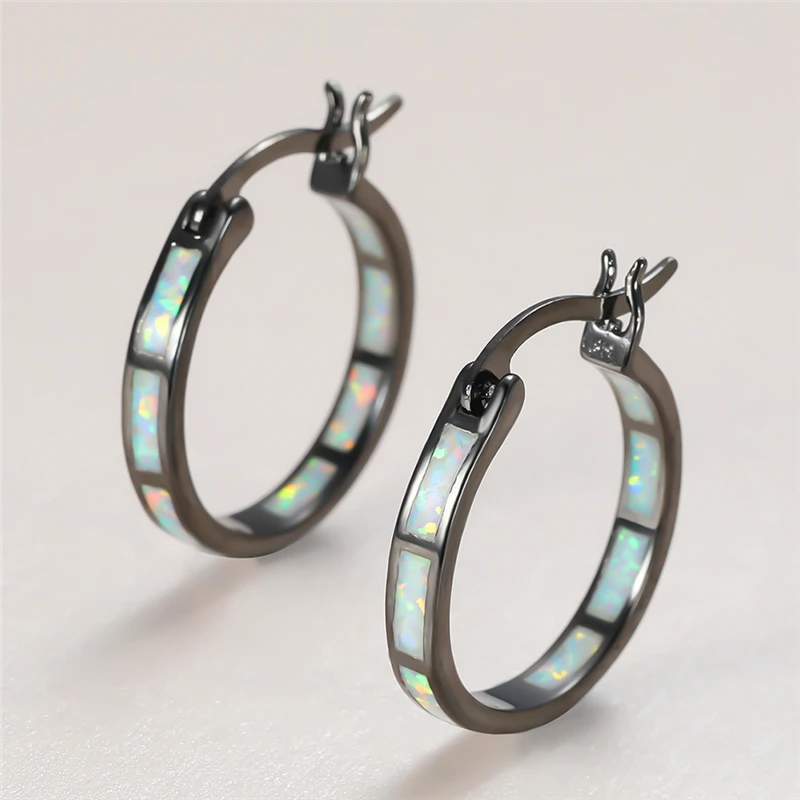 Boho Female Blue White Opal Jewelry Yellow Gold Color Wedding Earrings For Women Vintage Bride Round Big Hoop Earring