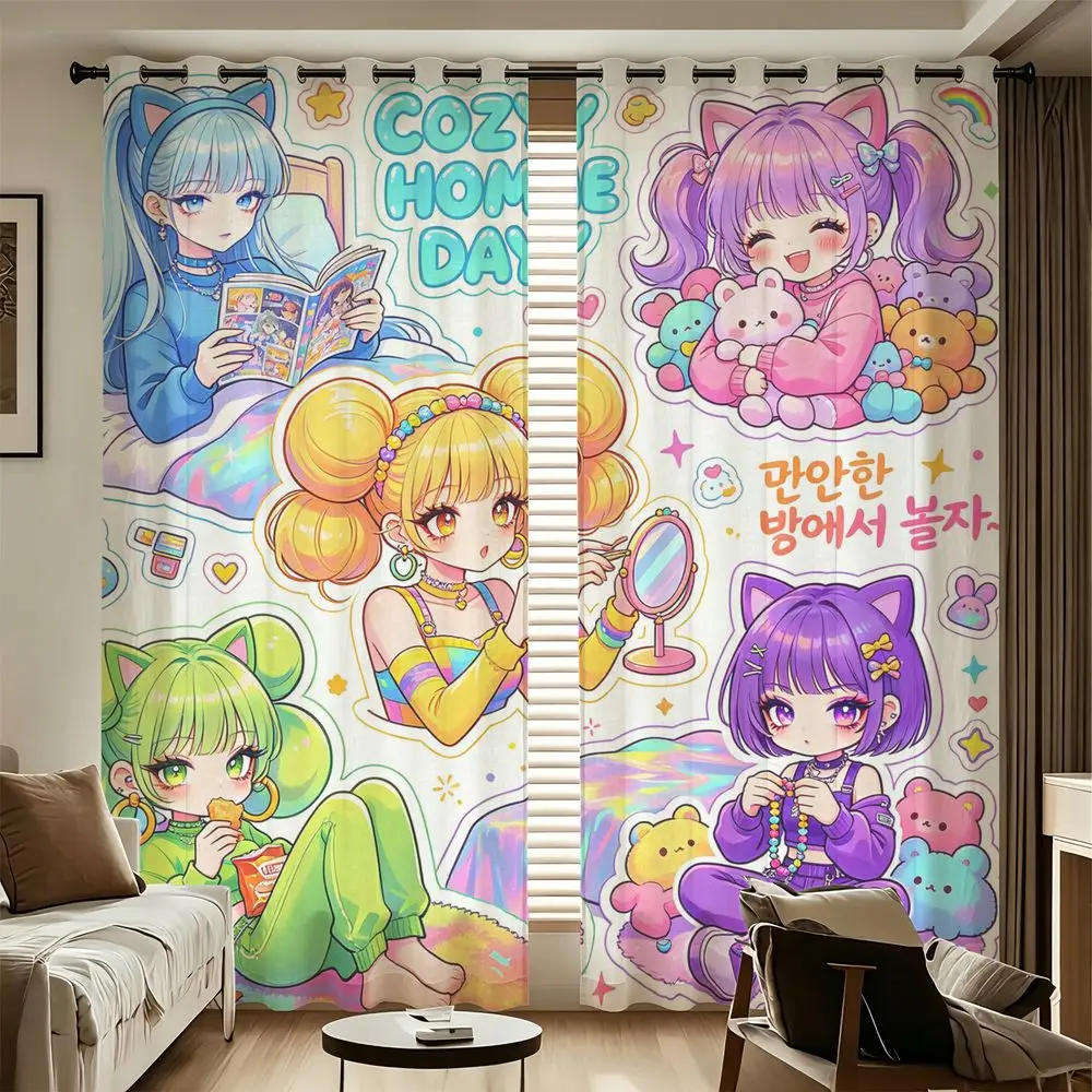 5PCS Anime Cat Girls Rainbow Pastel Kawaii Printed Curtains Light Blocking for Bedroom Living Room Window Home Decor
