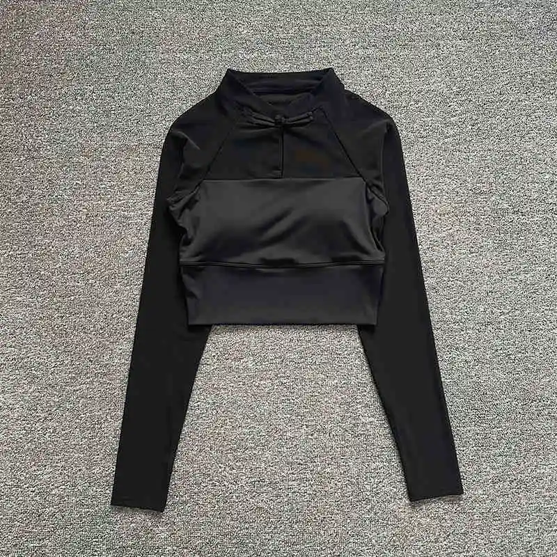 

Long-sleeved yoga suit with mesh patchwork, sports hoodie with a chest pad, traditional Chinese button-up style with a stand-up