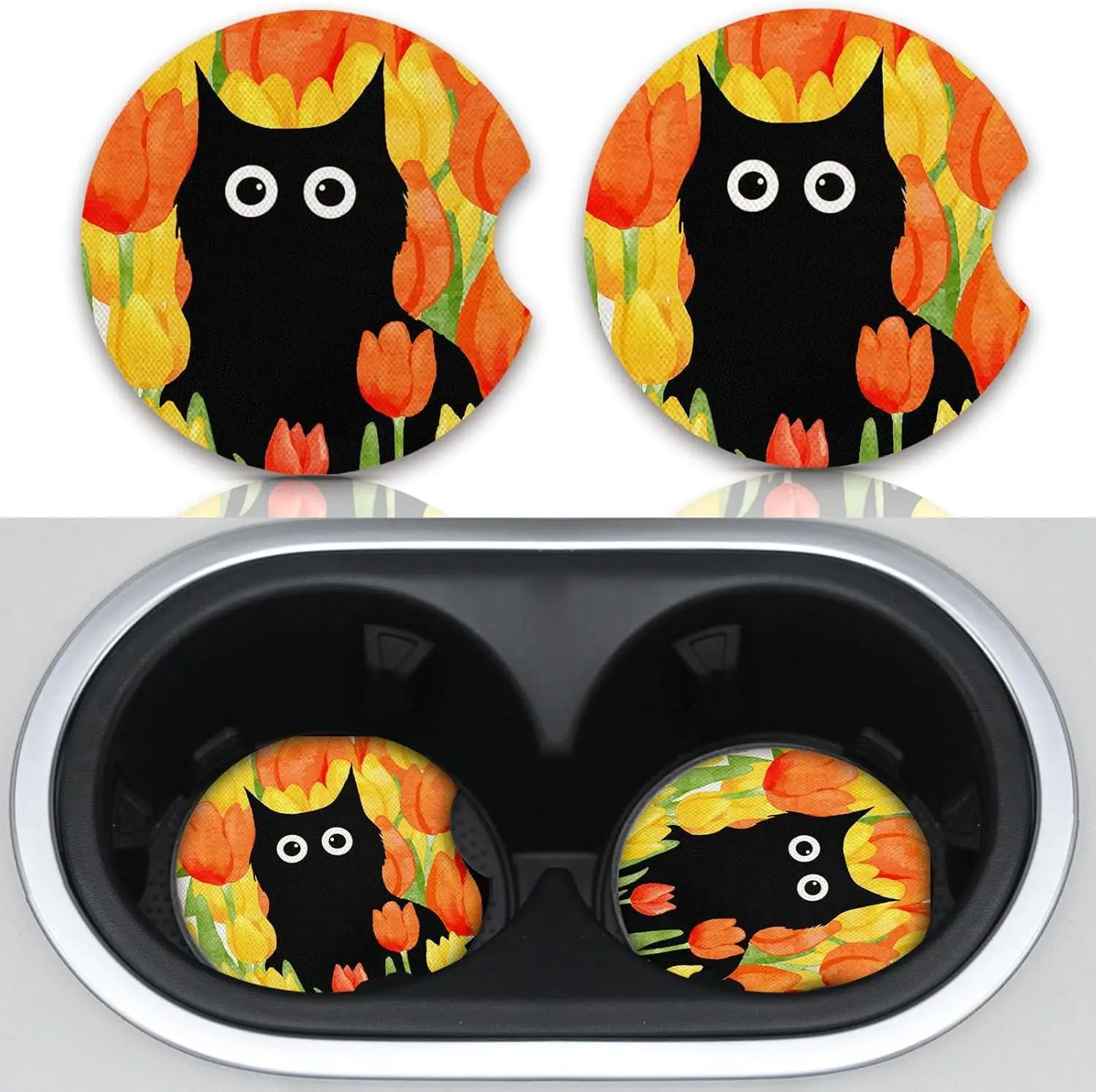 

2pcs Car Coasters for Cup Holder Tulip and Black Cat Cute Car Assecories for Women 2.7x0.15in 2 Pack Absorbent Universal