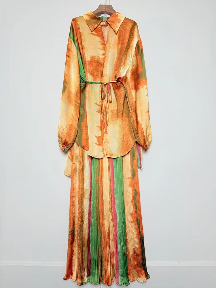 

Дизайнерская длинная рубашка с лацканами и геометрическим принтом в стиле ретро, комплект из двух предметов на осень 2021, женская одежда + свободный комплект широких брюк