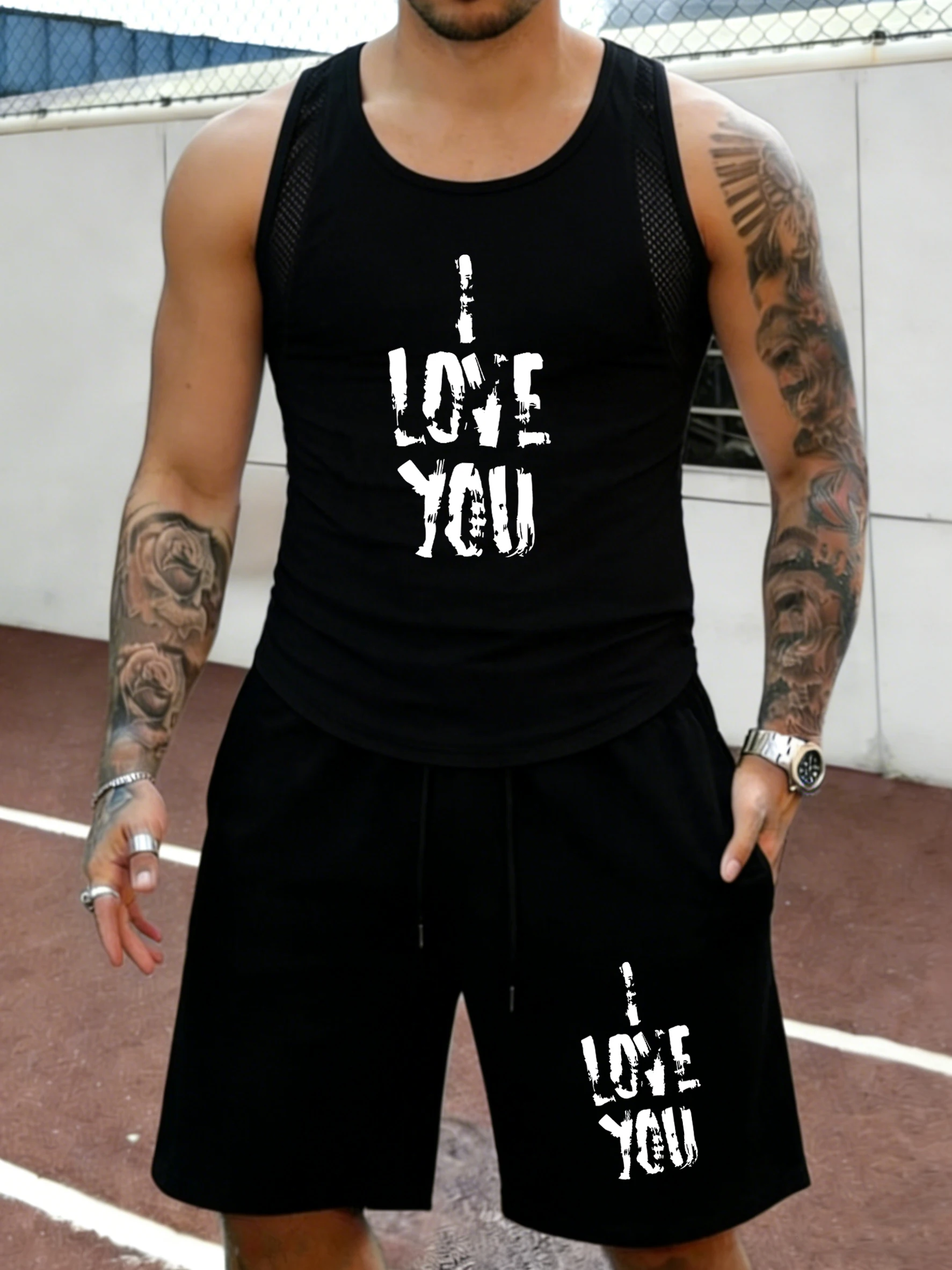 

I Love You Words Pattern Male Summer Mesh Loose Short Suits Outdoor Running Shorts All-Match Street Sportpants Basic Simple Vest