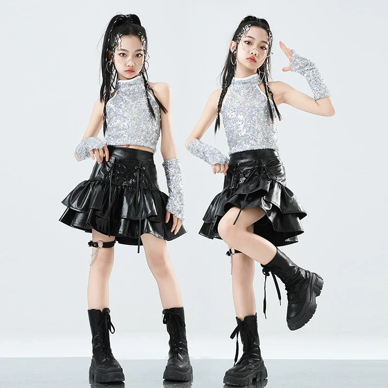 

Children Jazz Dance Costume Girl Performance Outfit Shiny Vest Black Cake Skirt Kpop Stage Fashion Suit Street Dance Wear