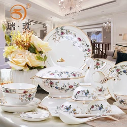 European style 60 head bone china tableware set with gold edges, creative ceramic tableware bowls, plates, plates, wedding gifts