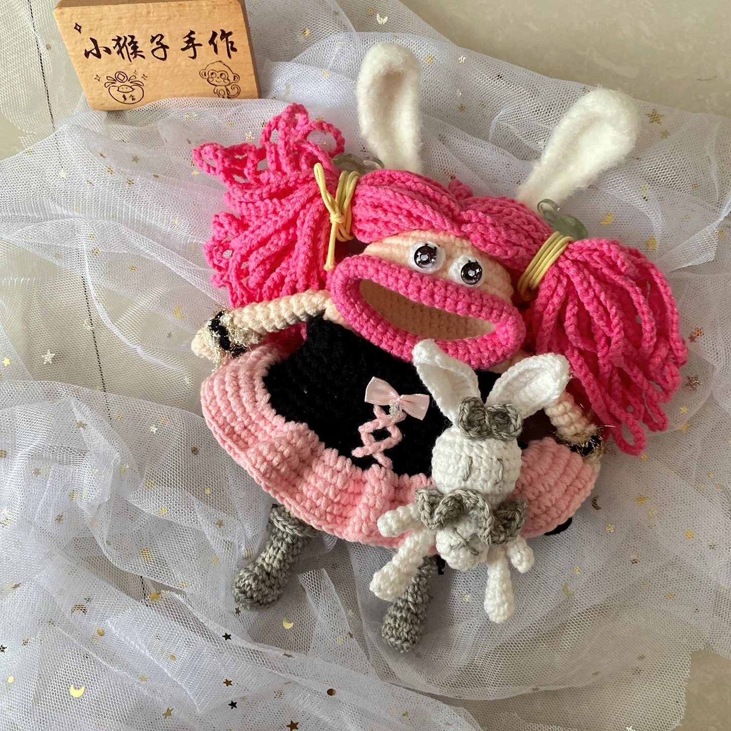 

0083 Handmade Knit Crochet Rabbit Girl Big Mouth Keychain Pouch, Colorful DIY Accessories, Unique Design for Girls, Perfect Gift