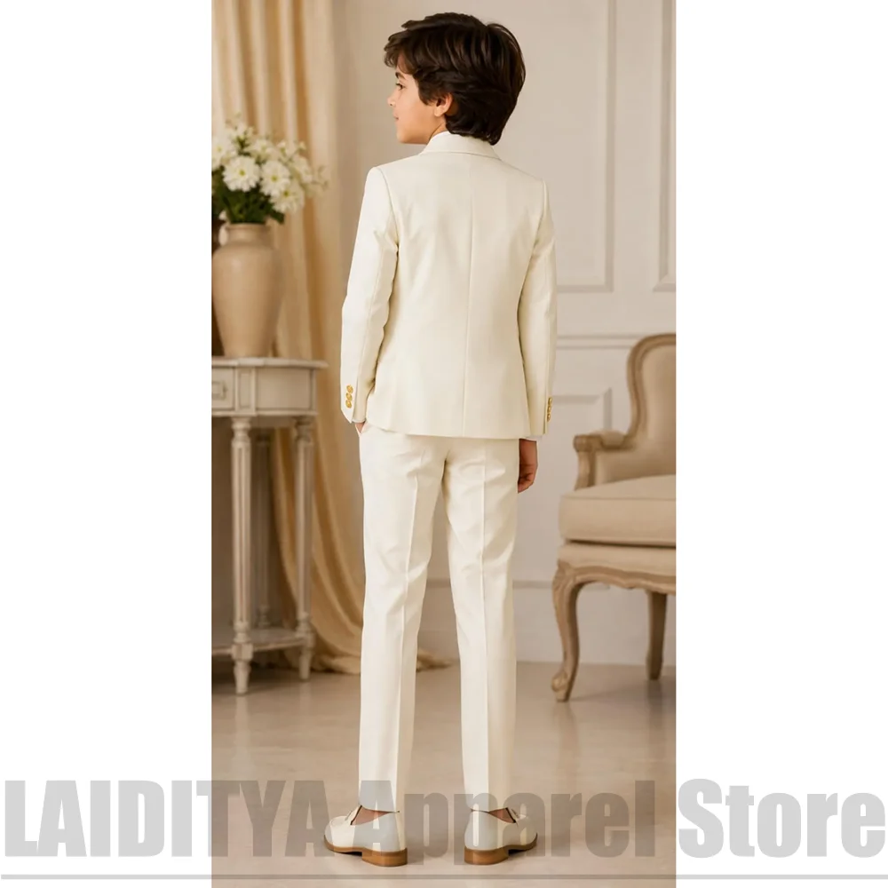 Fashion Boys Suit 3 Piece Double Breasted Gold Button Jacket Vest Pants Kids Ring Bearer Tuxedo For Wedding Party Graduation