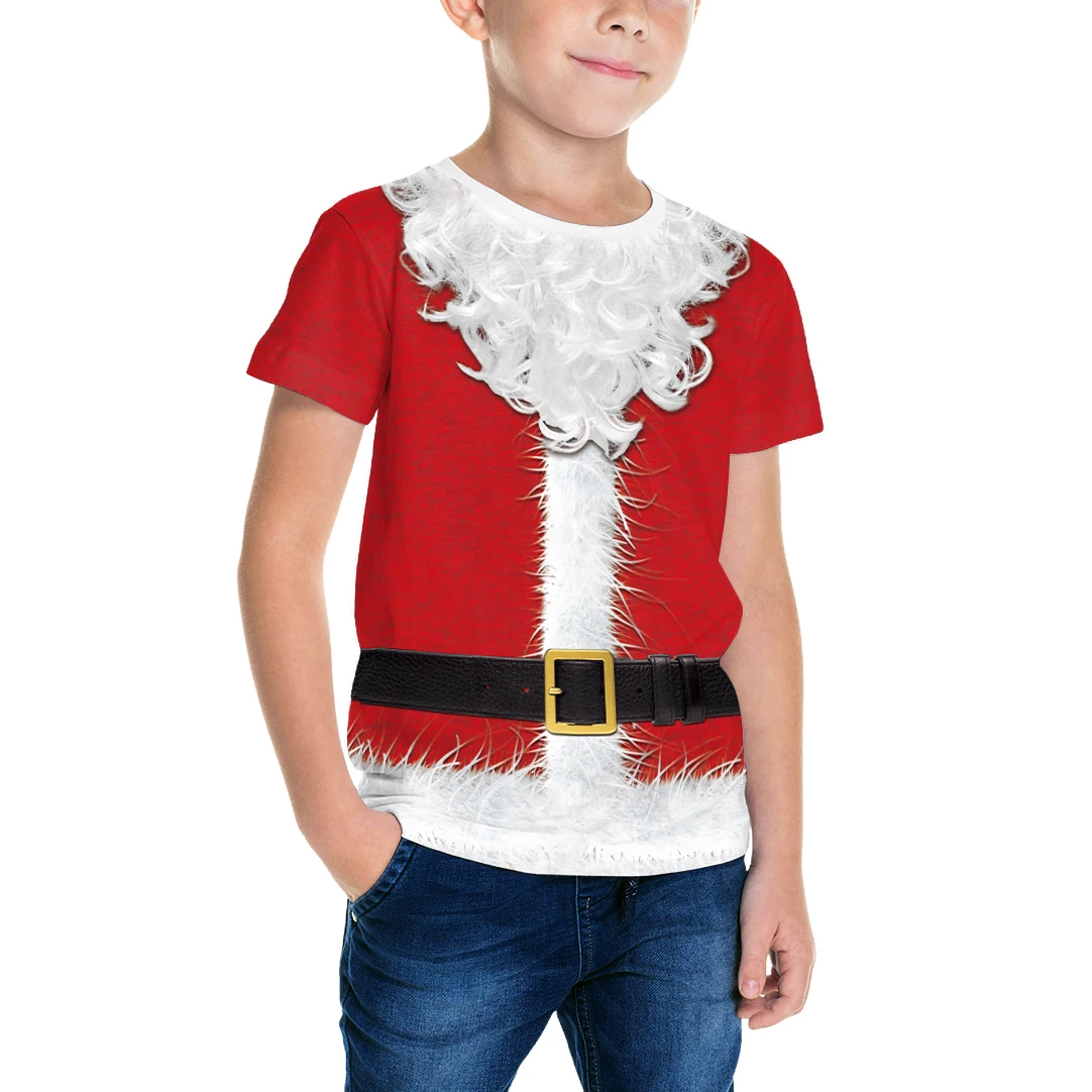 Christmas Children Santa Claus Cosplay Costume 3D Printing Disguise Tops Boys Carnival Party Funny Red T-Shirt Kids Clothes