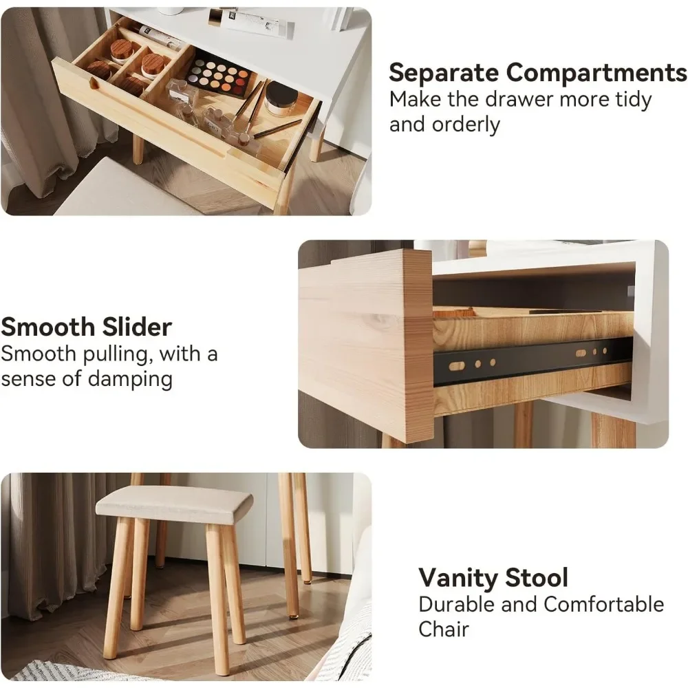 مكتب مكياج خشبي مقاس 24 بوصة مع مرآة وكرسي مضاء قابل للتعديل، مجموعة كاملة مع أدراج لخلع الملابس #5