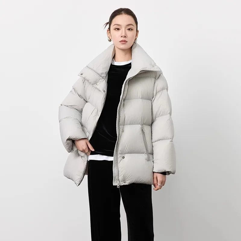 90White goose Down 2025 Winter New Minimalist Loose Thick Stand collar Bread Puff cloud Down Coat Female Warm Casual Overcoat