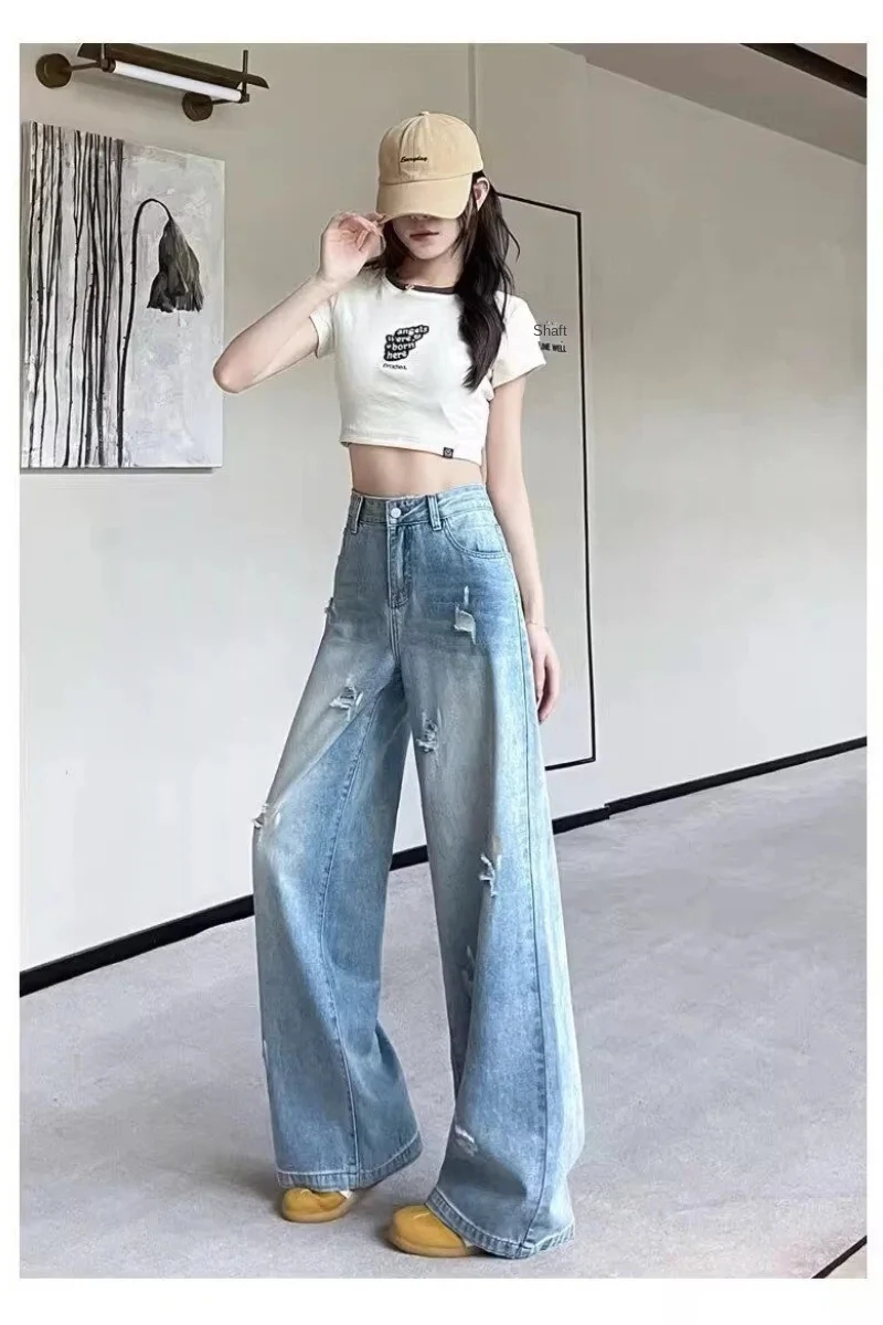 جديد 2025 الخريف النساء الجينز Y2k الجينز عالية الخصر واسعة الساق فضفاضة تناسب السراويل التخسيس موضة تنوعا الرجعية السراويل الطويلة