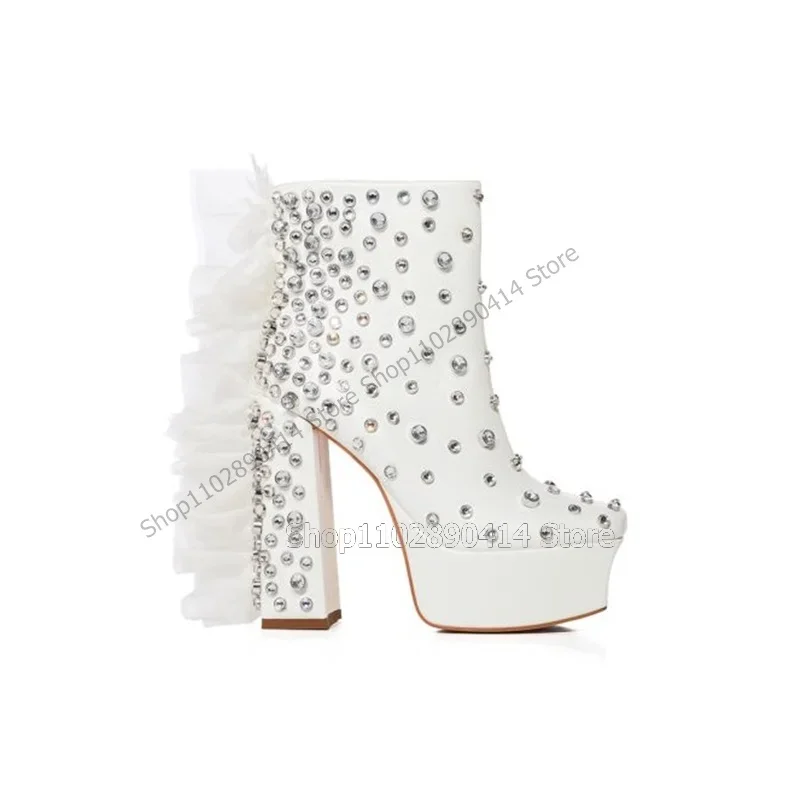 

White Mesh Crystal Decor Platform Boots Mid Calf Side Zipper Women Shoes Chunky High Heels Square Toe 2023 Zapatos Para Mujere